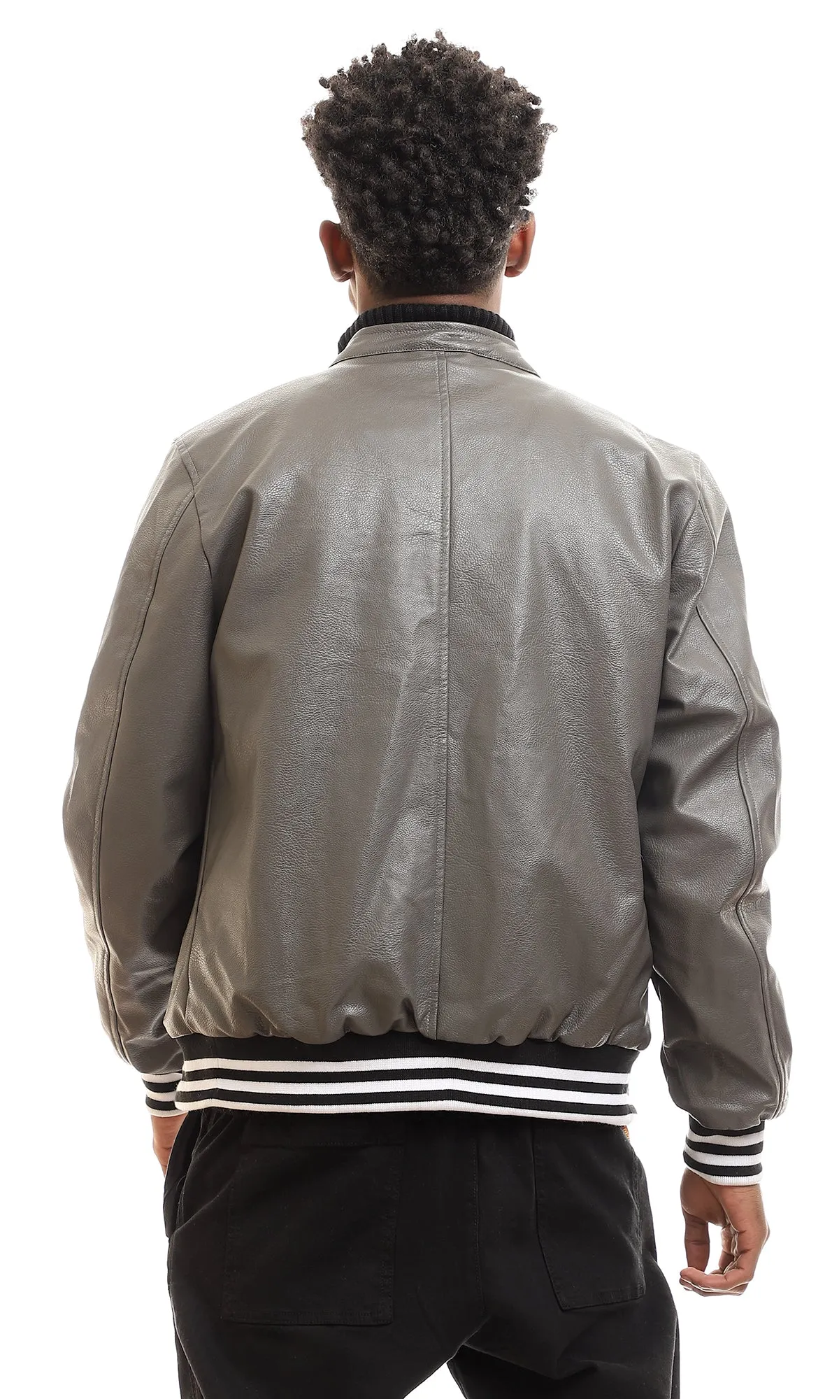 95829 Leather Plain Zipper Mock Neck Jacket - Dark Grey