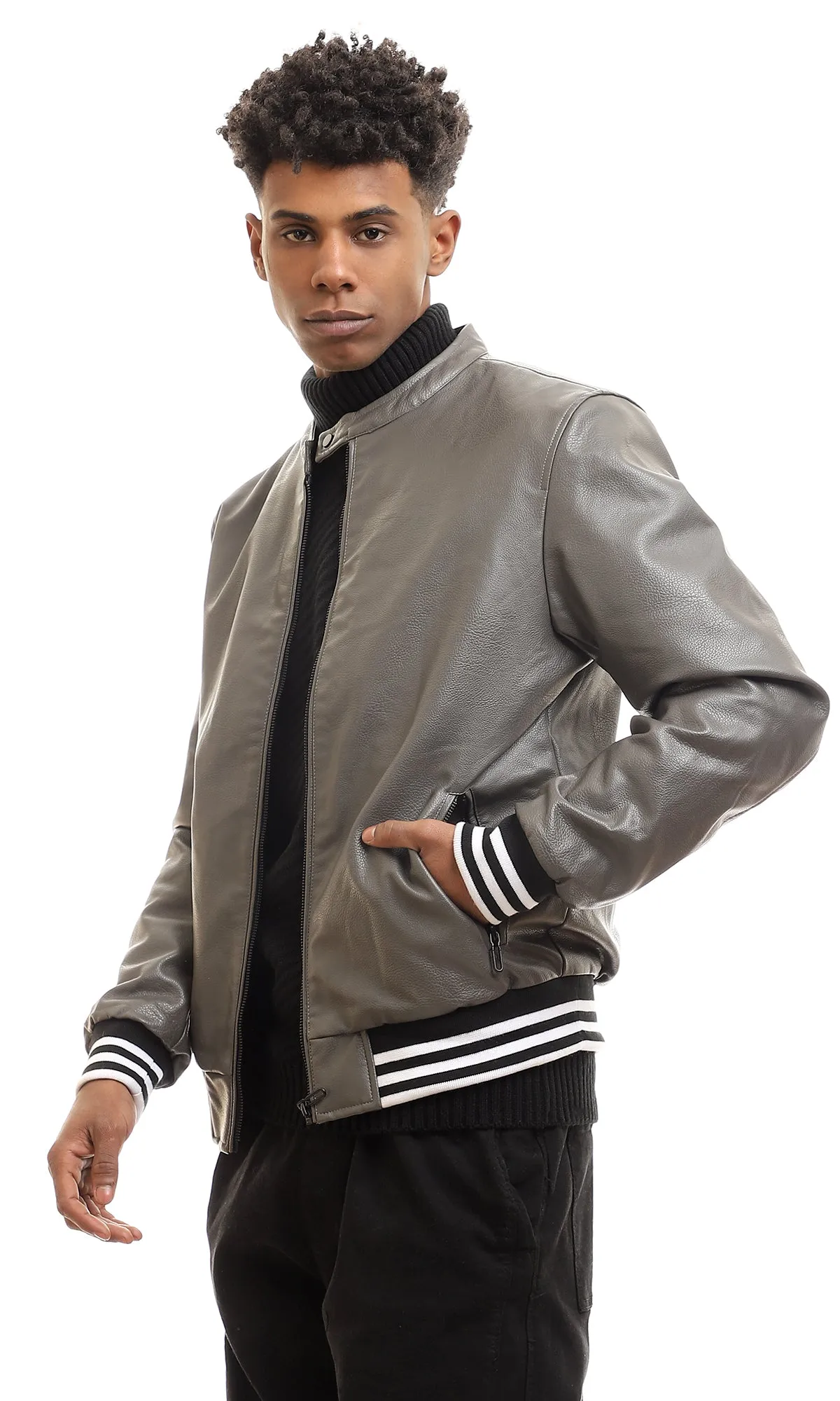 95829 Leather Plain Zipper Mock Neck Jacket - Dark Grey