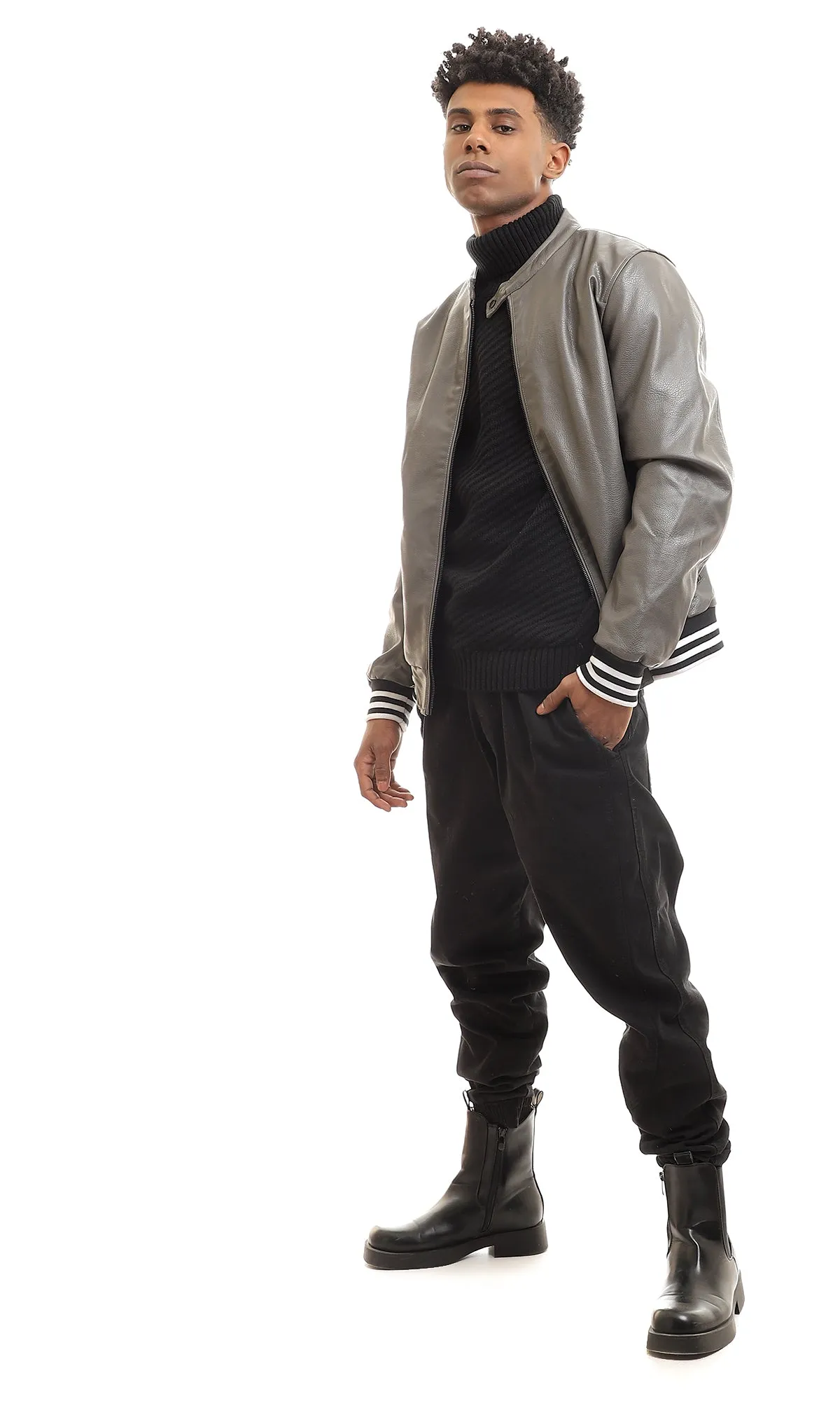 95829 Leather Plain Zipper Mock Neck Jacket - Dark Grey