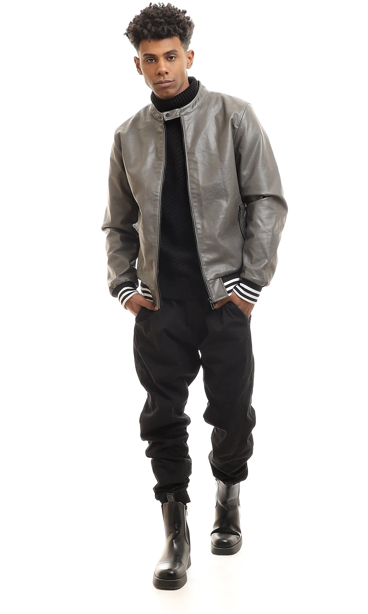 95829 Leather Plain Zipper Mock Neck Jacket - Dark Grey