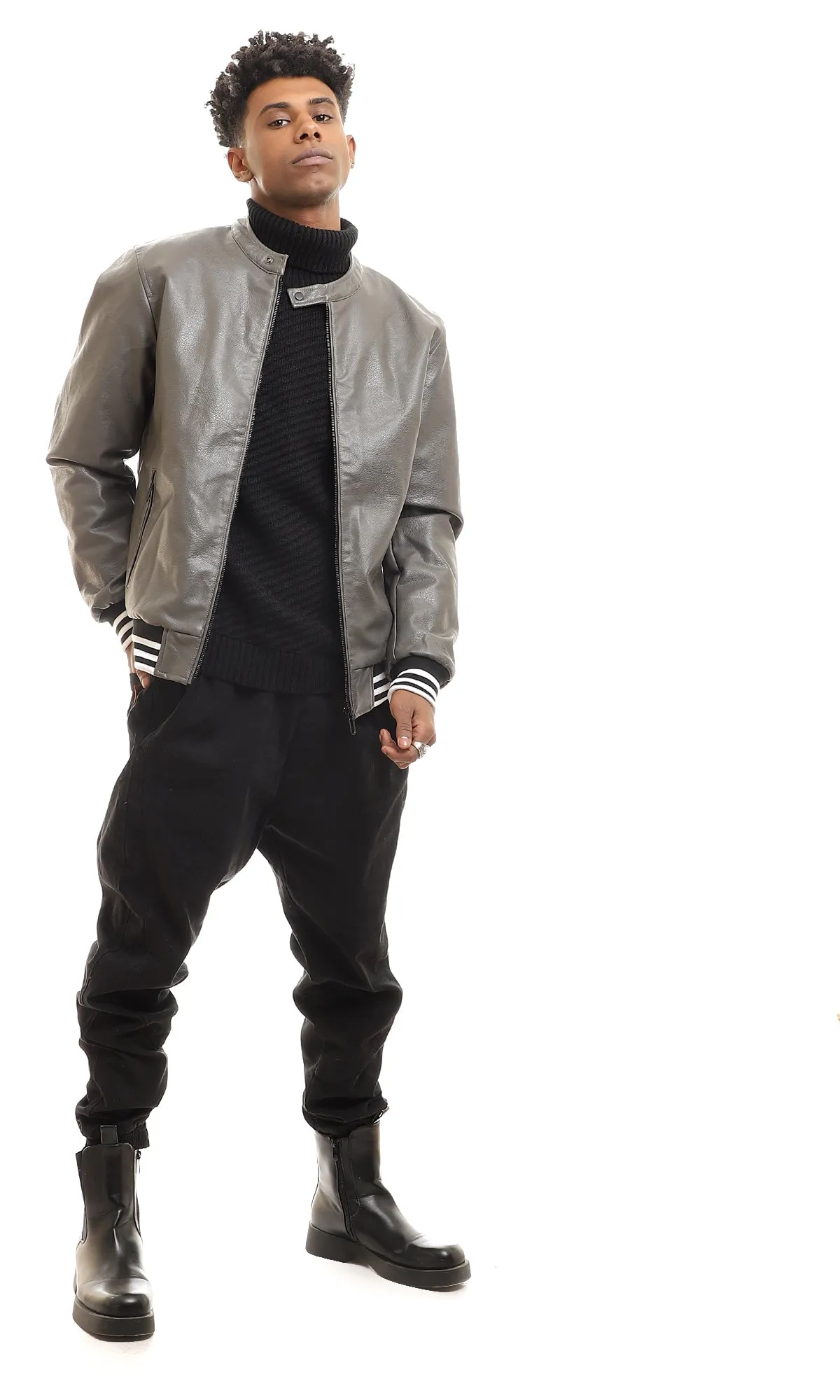 95829 Leather Plain Zipper Mock Neck Jacket - Dark Grey