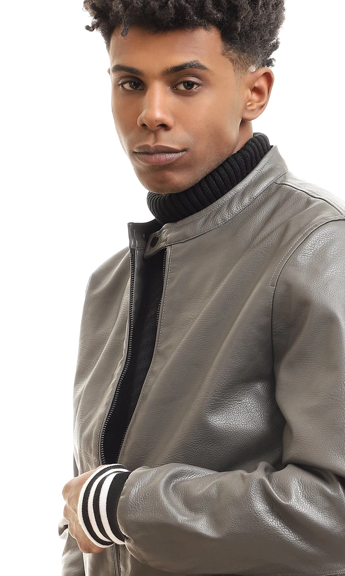 95829 Leather Plain Zipper Mock Neck Jacket - Dark Grey