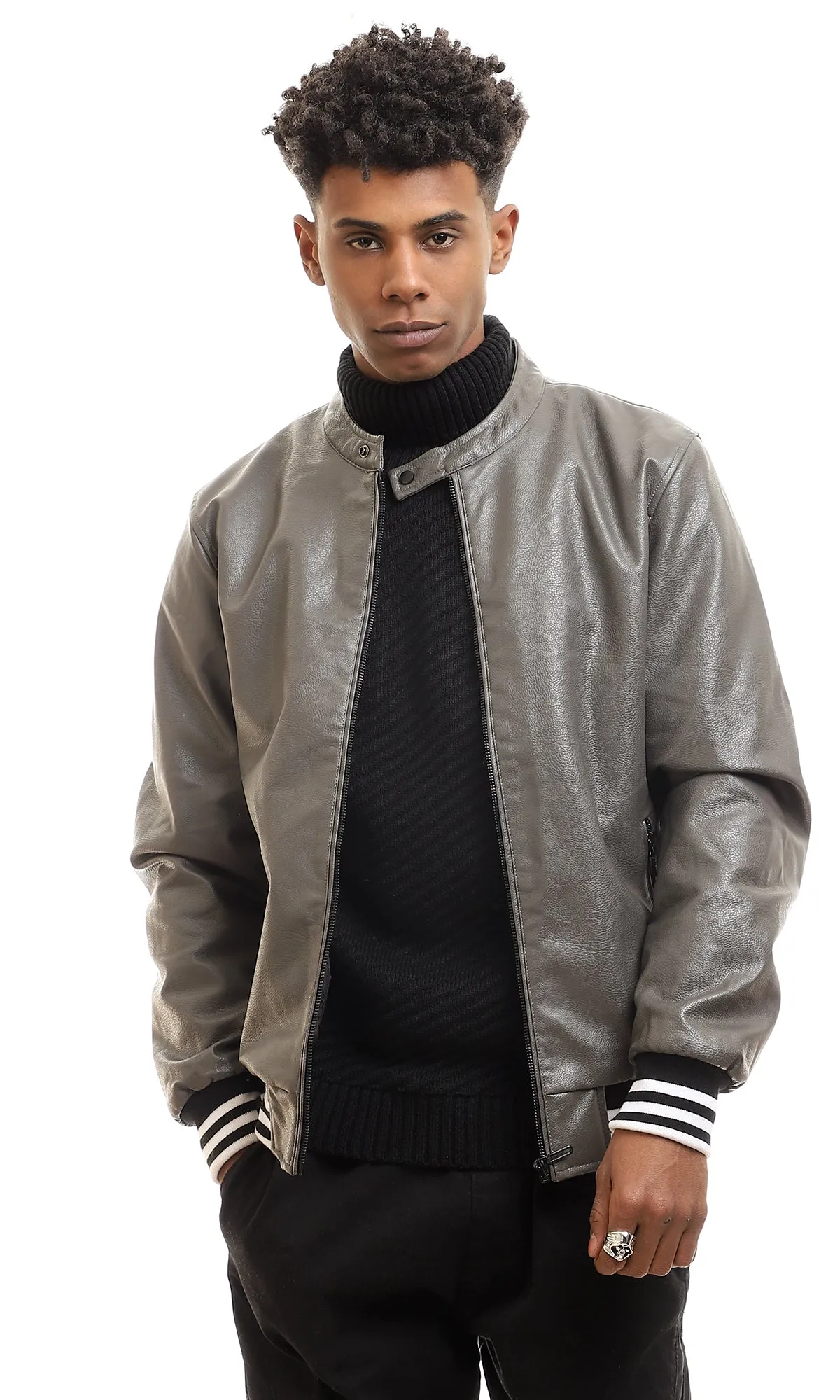 95829 Leather Plain Zipper Mock Neck Jacket - Dark Grey