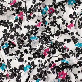 Black & Pink Floral Vines on White Printed Linen Look Crepe