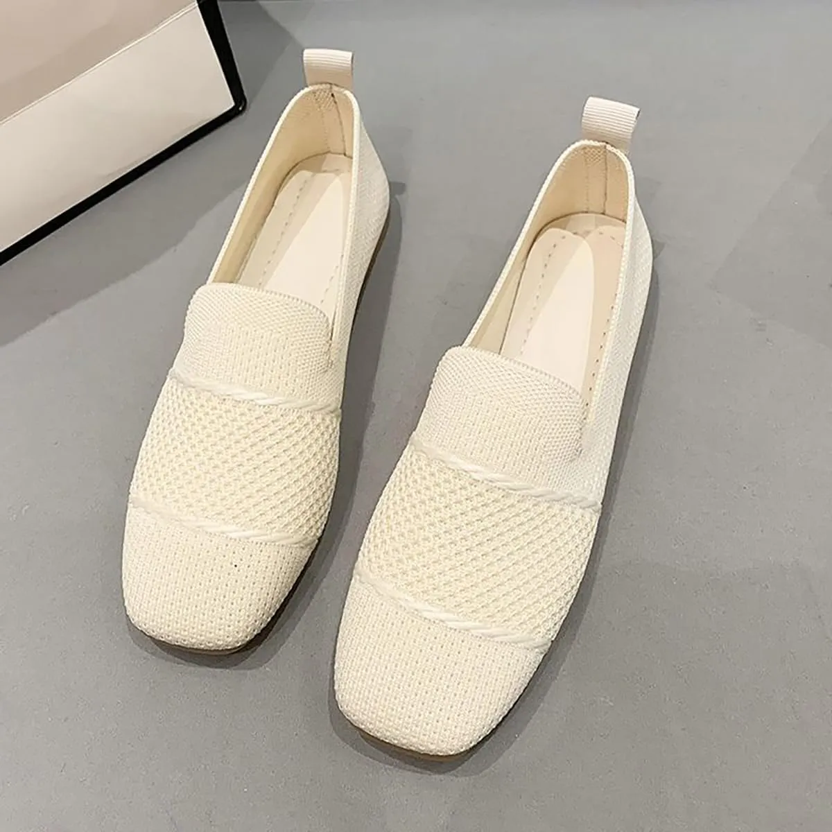 Breathable Knitted Flat Shoes for Women,Square Toe Comfort Walking Slip On Loafers,Lightweight Casual Summer Soft Sole Shoes