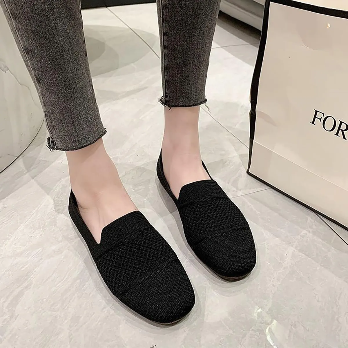 Breathable Knitted Flat Shoes for Women,Square Toe Comfort Walking Slip On Loafers,Lightweight Casual Summer Soft Sole Shoes