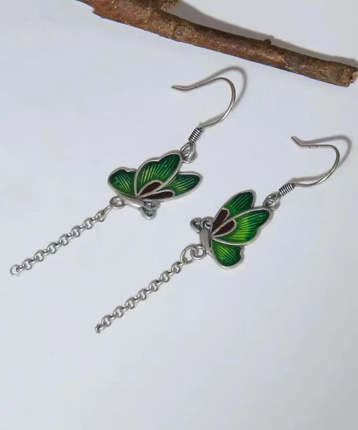 Chic Green Butterfly Patchwork Silver Drop Earrings LY9145