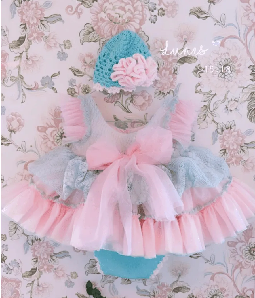 Ela Confeccion AW24 PRE-ORDER - Girls Cristal Dress, Knickers & Hat in Pink & Turquoise