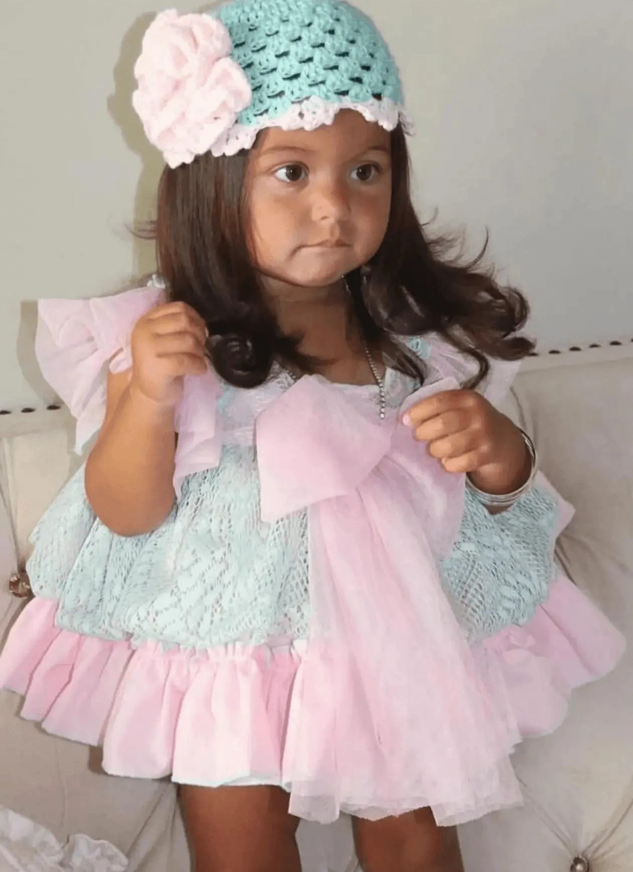 Ela Confeccion AW24 PRE-ORDER - Girls Cristal Dress, Knickers & Hat in Pink & Turquoise
