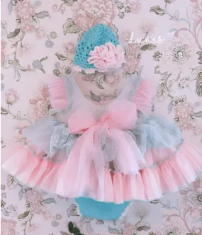 Ela Confeccion AW24 PRE-ORDER - Girls Cristal Dress, Knickers & Hat in Pink & Turquoise