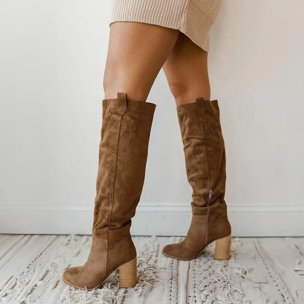 Erocalli Suede Knee-High Boots Fall Boot For Women Chunky Block High Heel Slouch Fashion Boot Round Toe Side Zipper…