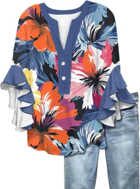 Floral Tops for Women Trendy Summer Plus Size Dressy 3/4 Ruffle Sleeve Top Cute V Neck Linen Button Down Shirts