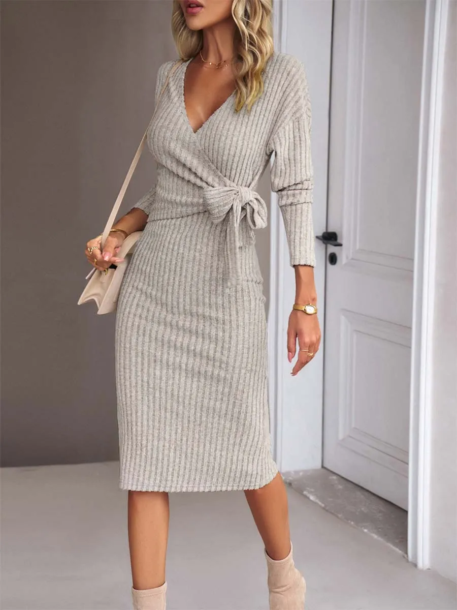 iForgirls V-Neck Knitted Tie Up Dress