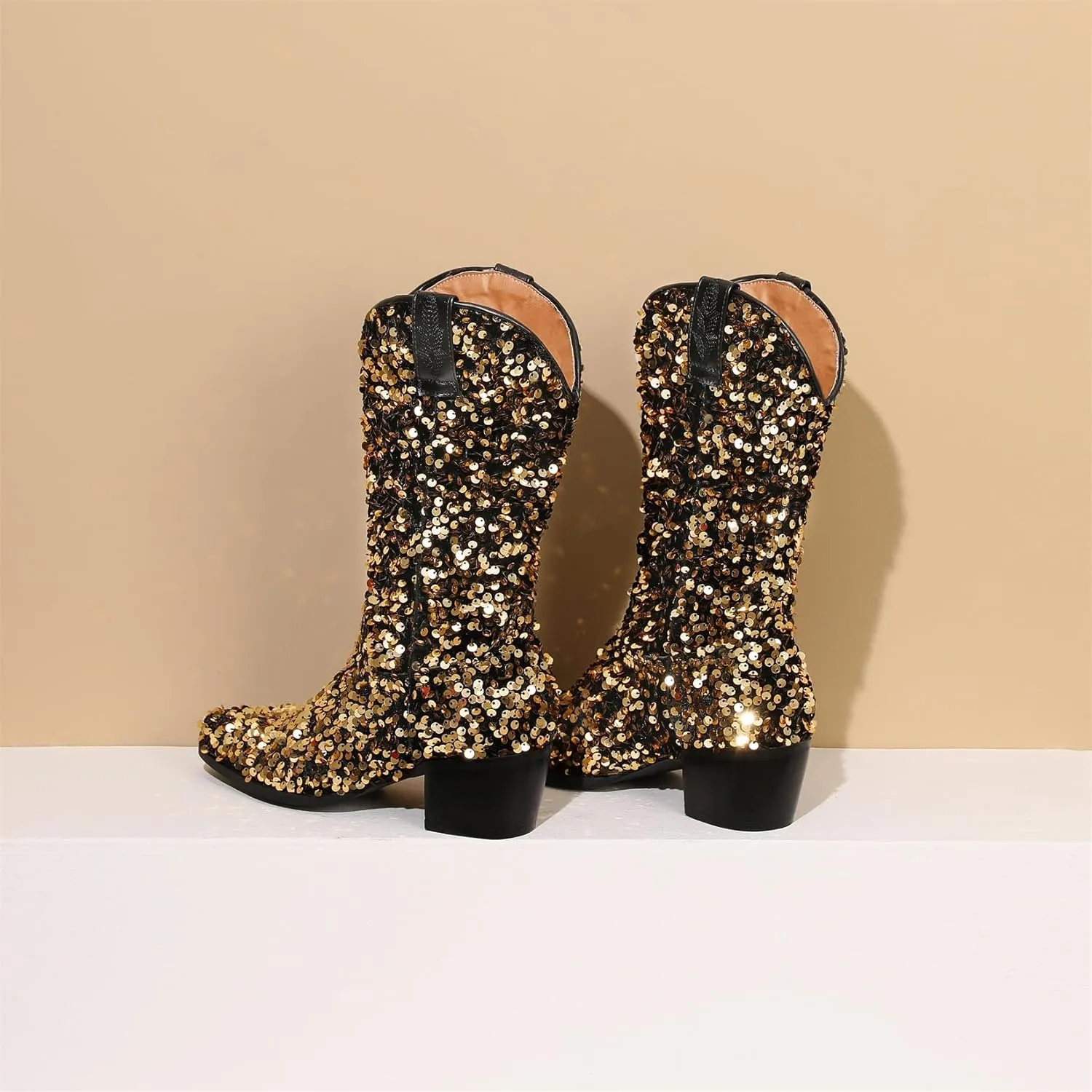 KIKIVIVI Women's Glitter Sequin Mid Calf Boots: Snip Toe, Chunky Block Heel, Sparkly Cowboy Cowgirl Boots for Women - Black