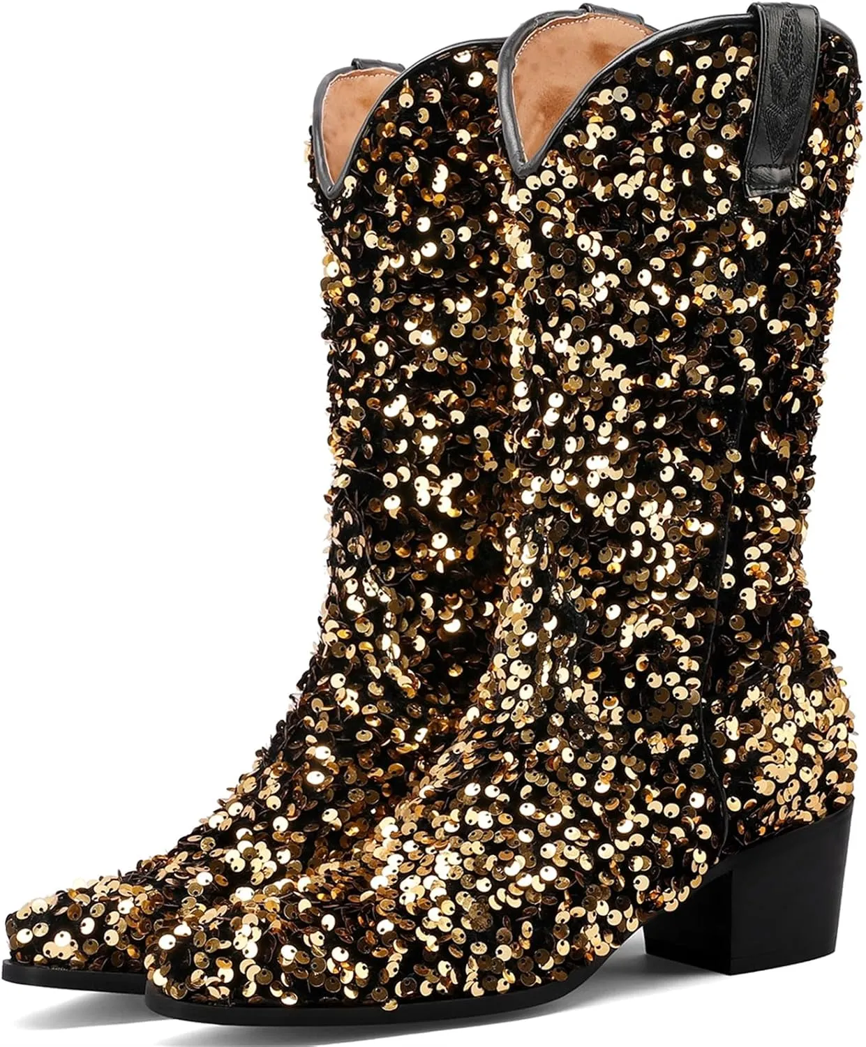 KIKIVIVI Women's Glitter Sequin Mid Calf Boots: Snip Toe, Chunky Block Heel, Sparkly Cowboy Cowgirl Boots for Women - Black