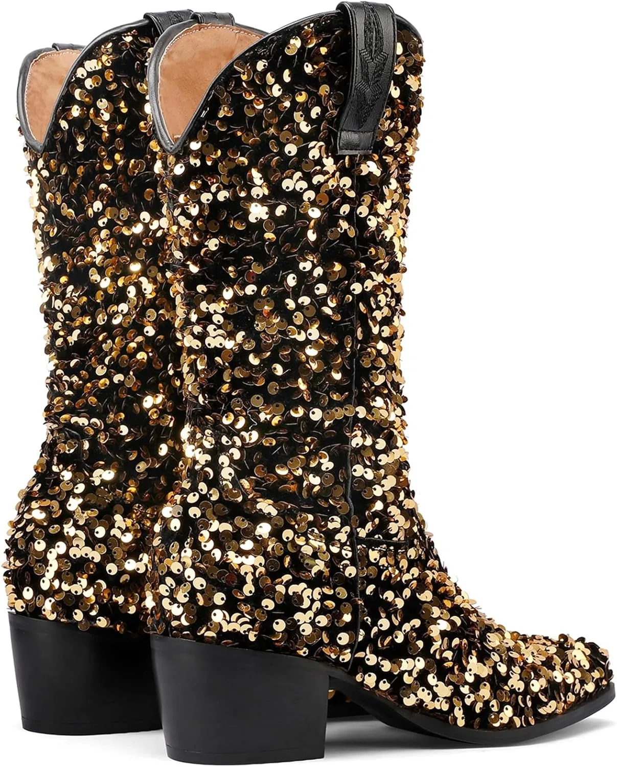 KIKIVIVI Women's Glitter Sequin Mid Calf Boots: Snip Toe, Chunky Block Heel, Sparkly Cowboy Cowgirl Boots for Women - Black