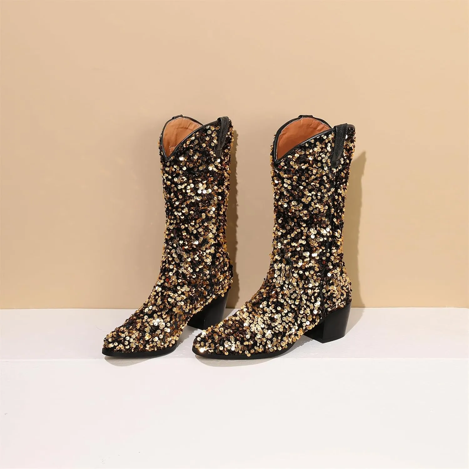 KIKIVIVI Women's Glitter Sequin Mid Calf Boots: Snip Toe, Chunky Block Heel, Sparkly Cowboy Cowgirl Boots for Women - Black