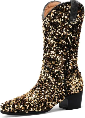 KIKIVIVI Women's Glitter Sequin Mid Calf Boots: Snip Toe, Chunky Block Heel, Sparkly Cowboy Cowgirl Boots for Women - Black