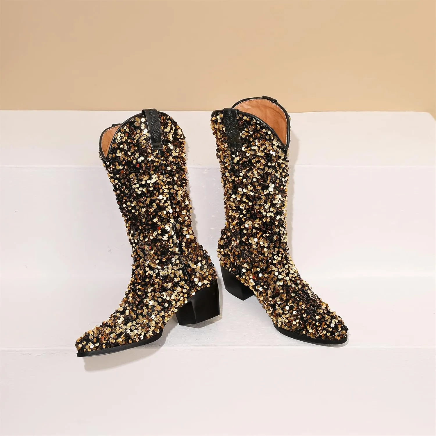 KIKIVIVI Women's Glitter Sequin Mid Calf Boots: Snip Toe, Chunky Block Heel, Sparkly Cowboy Cowgirl Boots for Women - Black