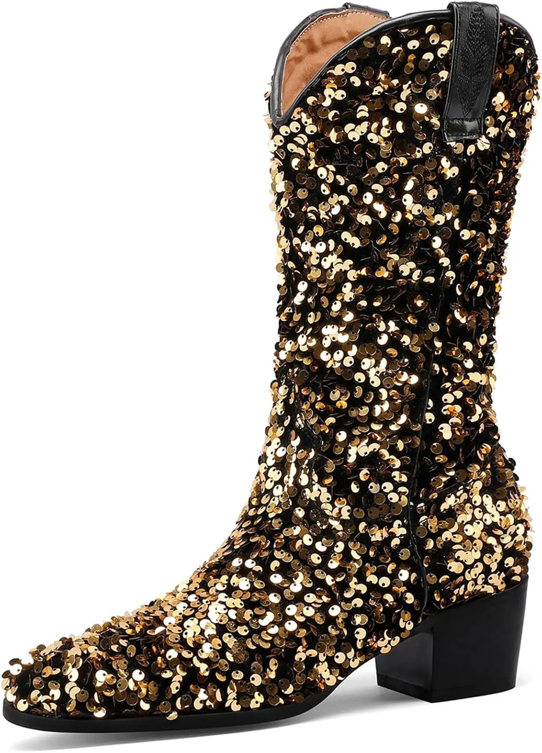 KIKIVIVI Women's Glitter Sequin Mid Calf Boots: Snip Toe, Chunky Block Heel, Sparkly Cowboy Cowgirl Boots for Women - Black