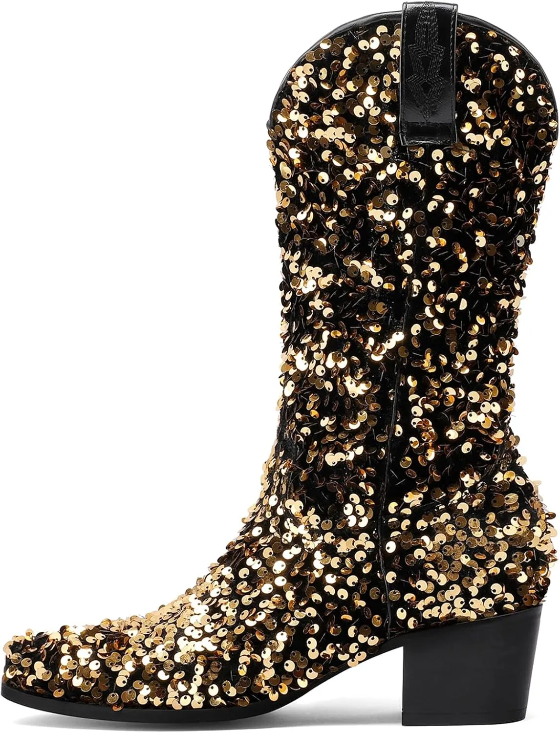 KIKIVIVI Women's Glitter Sequin Mid Calf Boots: Snip Toe, Chunky Block Heel, Sparkly Cowboy Cowgirl Boots for Women - Black