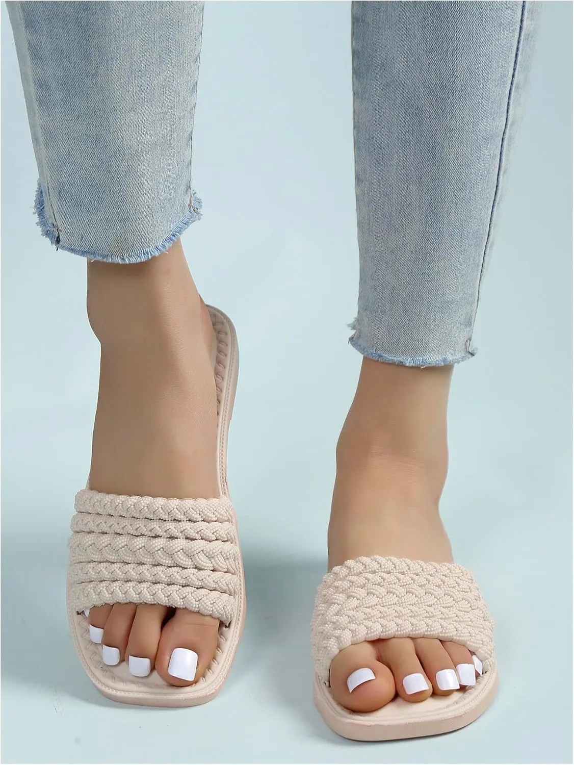 OYOANGLE Women's Braided Open Toe Sandals Single Band Flat Square Toe Slide Sandals Dressy Slip On Slippers