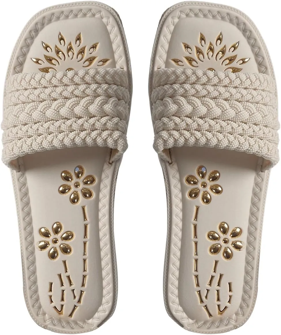OYOANGLE Women's Braided Open Toe Sandals Single Band Flat Square Toe Slide Sandals Dressy Slip On Slippers