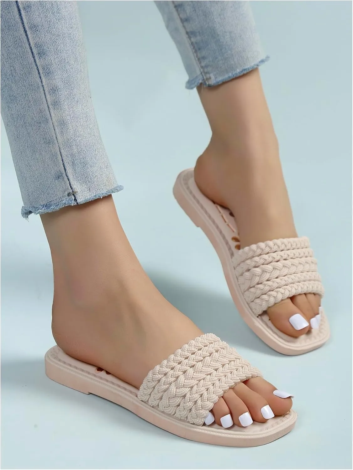 OYOANGLE Women's Braided Open Toe Sandals Single Band Flat Square Toe Slide Sandals Dressy Slip On Slippers