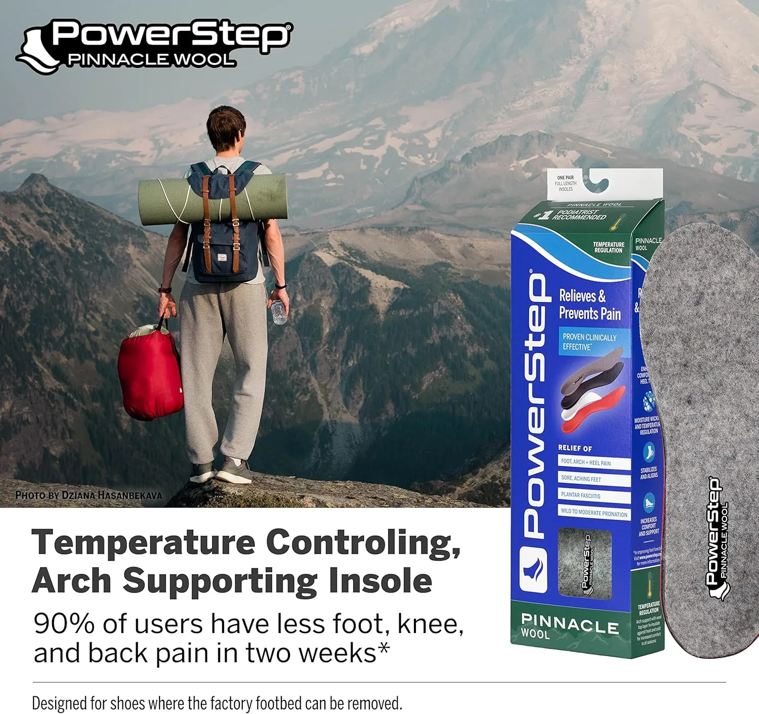 Powerstep Pinnacle Wool Insoles - Neutral Arch Support, Max Cushioning, Plantar Fasciitis Relief, Temperature Regulating Inserts for Men and Women, M10 / W12