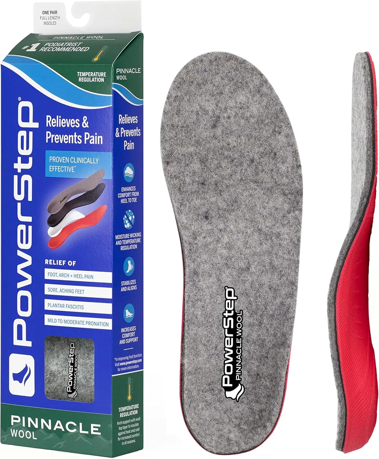 Powerstep Pinnacle Wool Insoles - Neutral Arch Support, Max Cushioning, Plantar Fasciitis Relief, Temperature Regulating Inserts for Men and Women, M10 / W12