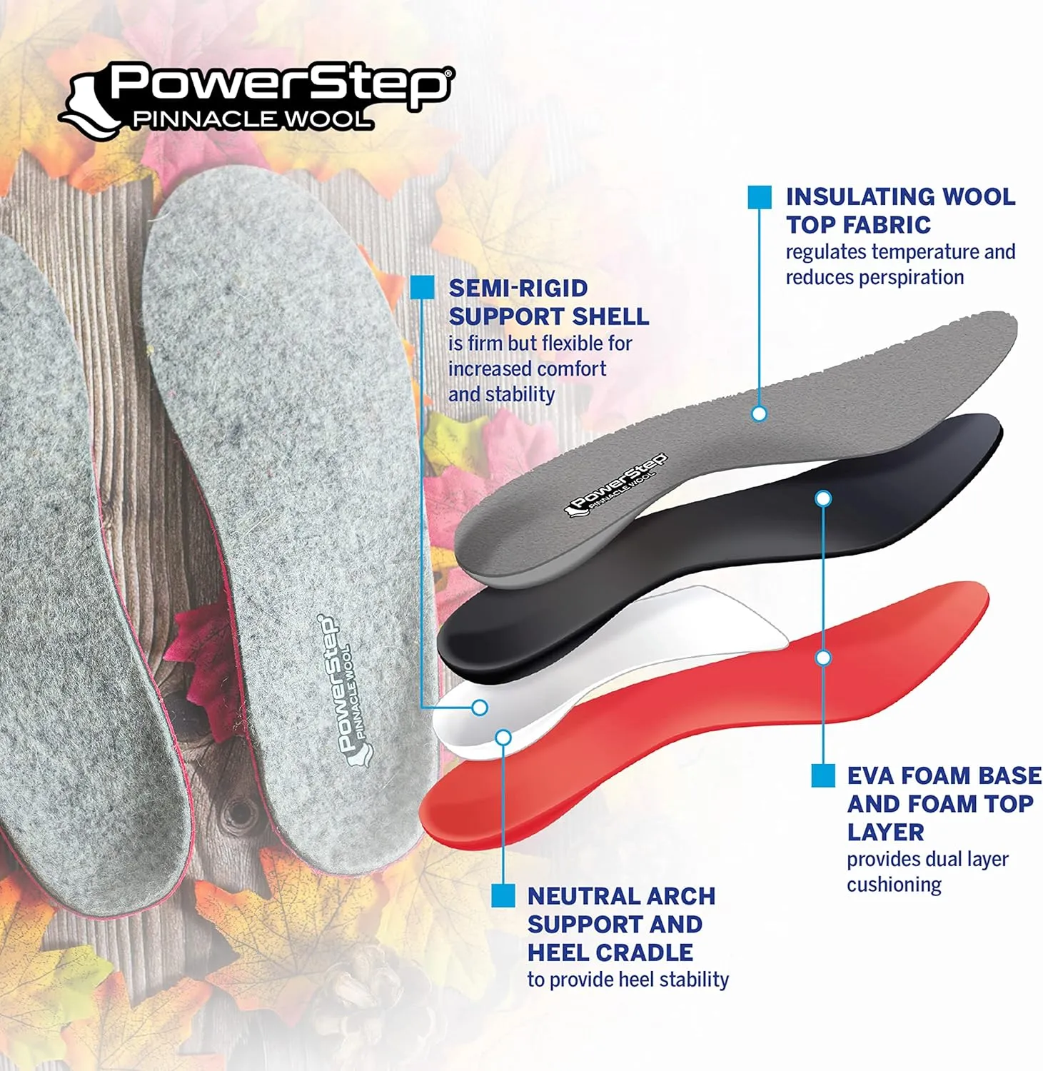 Powerstep Pinnacle Wool Insoles - Neutral Arch Support, Max Cushioning, Plantar Fasciitis Relief, Temperature Regulating Inserts for Men and Women, M10 / W12