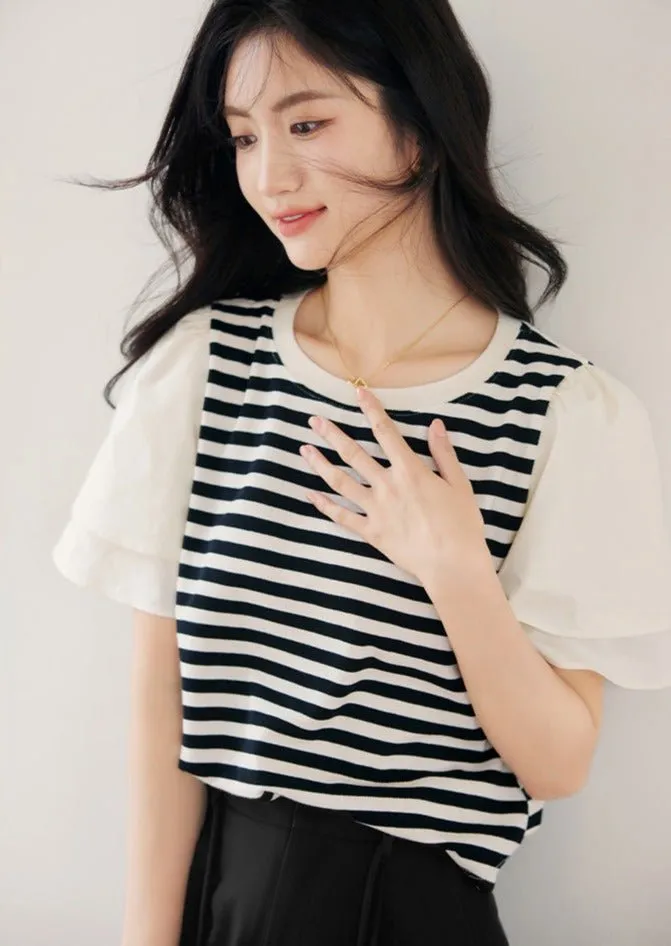 ROUND NECK STRIPED STITCHING T-SHIRT