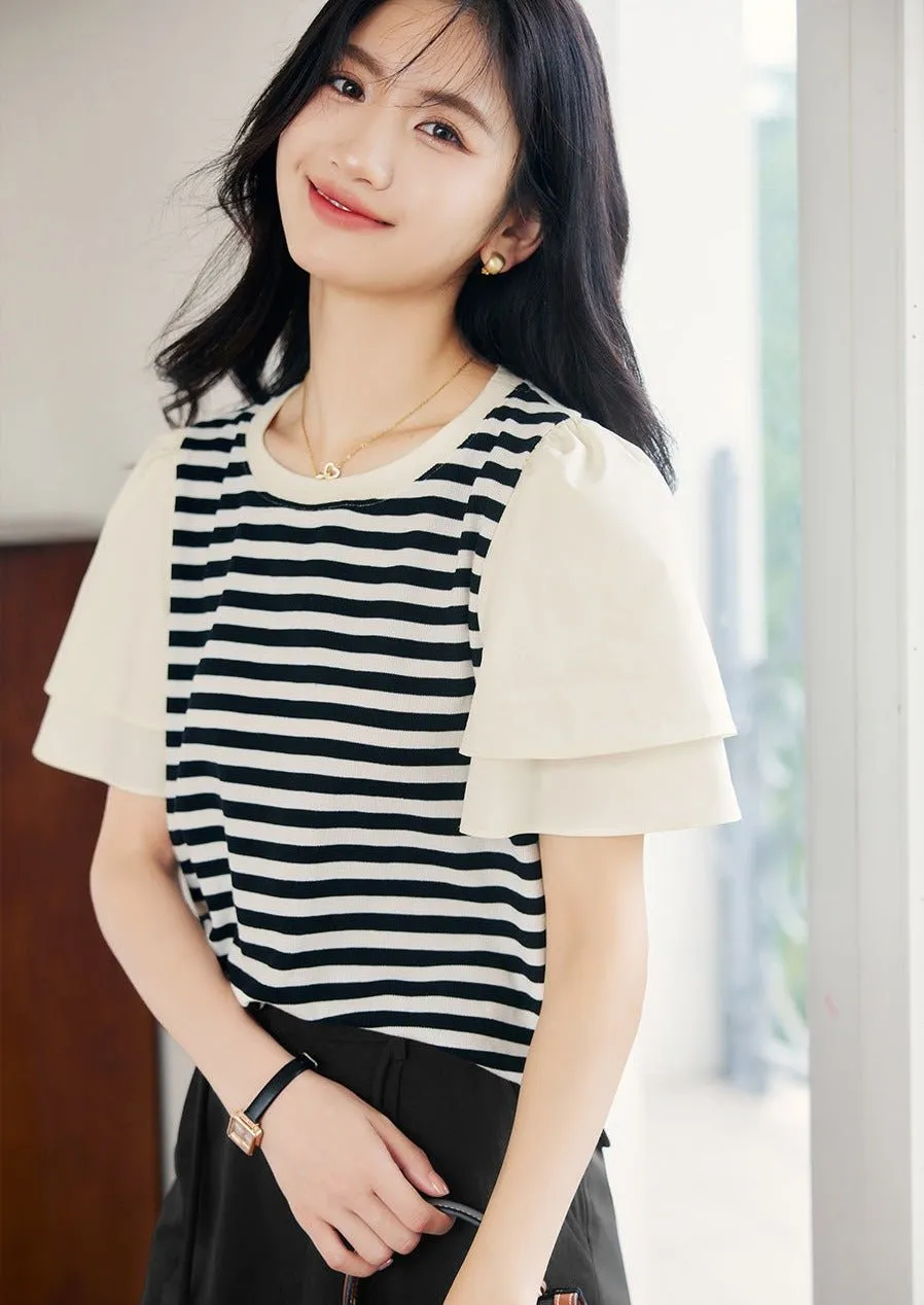 ROUND NECK STRIPED STITCHING T-SHIRT