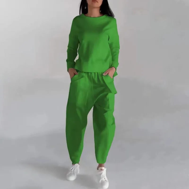 Solid Color Fashion Sweatshirt & Loose Trousers Set – Women's Long Sleeve Back Slit Top with Pockets