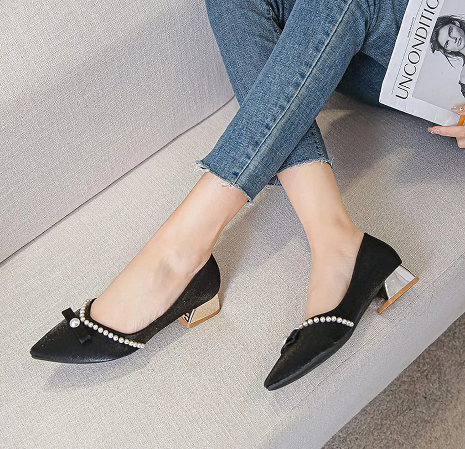 WENJIAZHIZHI Bow-Knot Pumps Heels Shoes for Womens Chunky Low Block Heels for Women Wedding Dressy Pumps Shoes Sexy Closed Toe