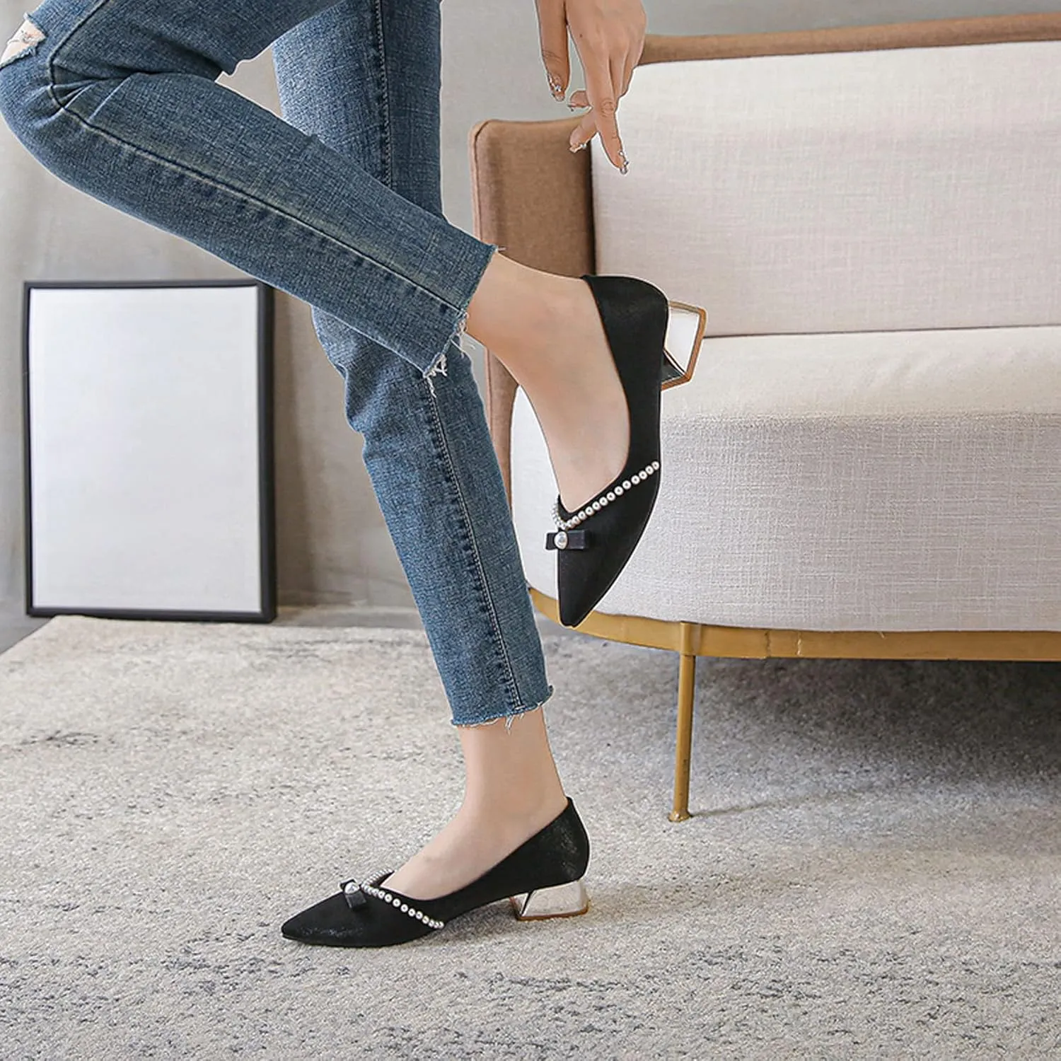 WENJIAZHIZHI Bow-Knot Pumps Heels Shoes for Womens Chunky Low Block Heels for Women Wedding Dressy Pumps Shoes Sexy Closed Toe