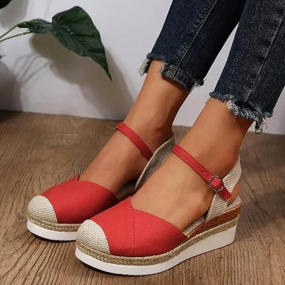 Wide Width Closed Toe Wedges for Women,Women's Espadrilles Platform Wedge Sandals Summer Dressy Comfortable Anti Slip Buckle Ankle Strap Casual Shoes