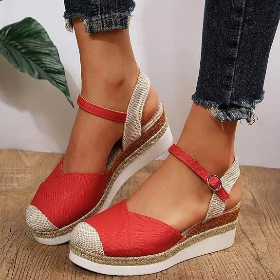 Wide Width Closed Toe Wedges for Women,Women's Espadrilles Platform Wedge Sandals Summer Dressy Comfortable Anti Slip Buckle Ankle Strap Casual Shoes