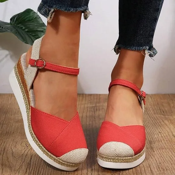 Wide Width Closed Toe Wedges for Women,Women's Espadrilles Platform Wedge Sandals Summer Dressy Comfortable Anti Slip Buckle Ankle Strap Casual Shoes