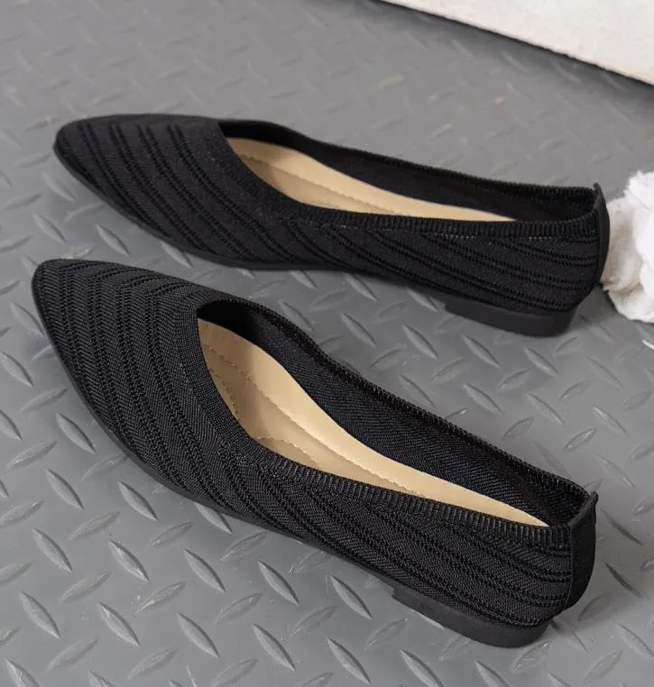 Womens Casual Soft Flat Shoes Ballerina Walking Flats Shoes Knit Ballet Flats Ladies Comfortable Pointed-Toe Dressy Shoes