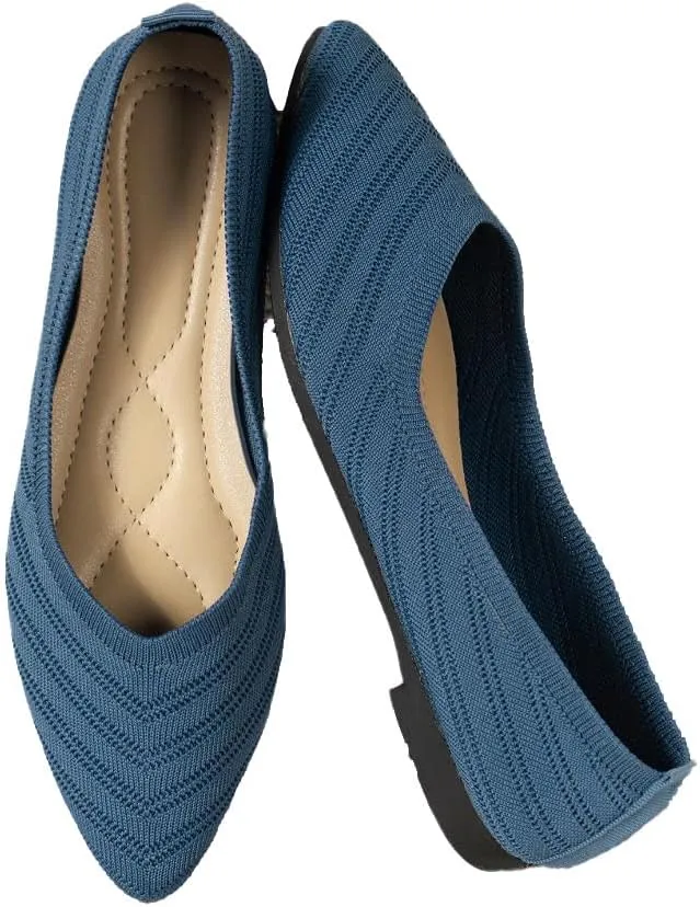 Womens Casual Soft Flat Shoes Ballerina Walking Flats Shoes Knit Ballet Flats Ladies Comfortable Pointed-Toe Dressy Shoes