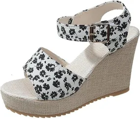 Women's Floral Printed Espadrilles Wedge Platform Open Toe Ankle Strap Summer Dressy Sandals Non Slip Ankle Buckle Strap Beach Shoes