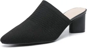 Women’s Knit Closed Pointed Toe Chunky Heel Mules Fashion Mesh Breathable Low Block Heel Pump Sandals Comfortable Slip On Dress Party Shoes