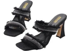 Women's Rhinestones Square Toe Two Strap High Heeled Sandals,Fashion Denim Fringe Open Toe Slip On Party Wedding Dress Pumps Summer Sexy Slingback Outdoor Slippers