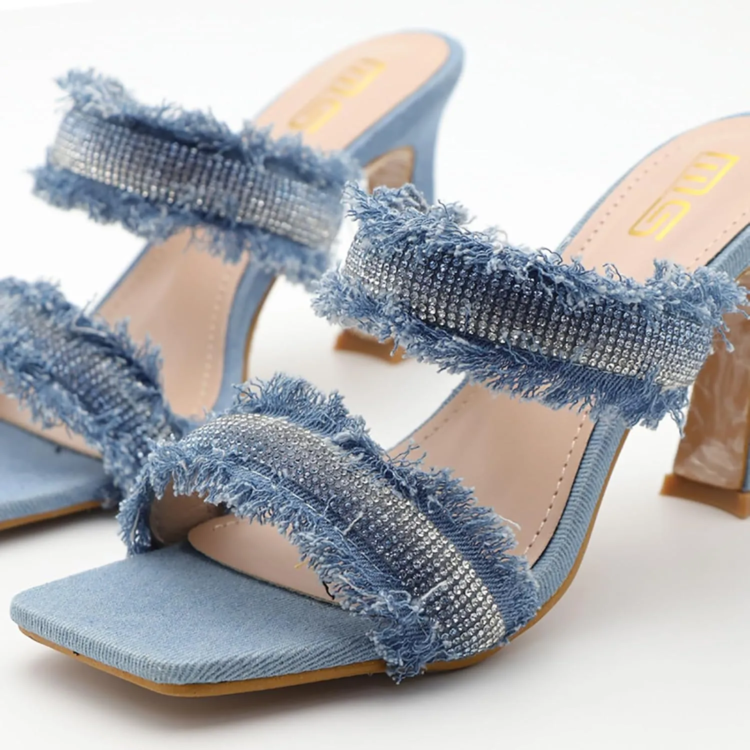 Women's Rhinestones Square Toe Two Strap High Heeled Sandals,Fashion Denim Fringe Open Toe Slip On Party Wedding Dress Pumps Summer Sexy Slingback Outdoor Slippers