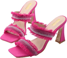 Women's Rhinestones Square Toe Two Strap High Heeled Sandals,Fashion Denim Fringe Open Toe Slip On Party Wedding Dress Pumps Summer Sexy Slingback Outdoor Slippers