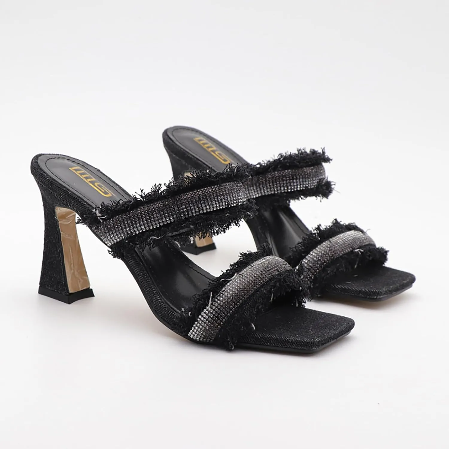 Women's Rhinestones Square Toe Two Strap High Heeled Sandals,Fashion Denim Fringe Open Toe Slip On Party Wedding Dress Pumps Summer Sexy Slingback Outdoor Slippers