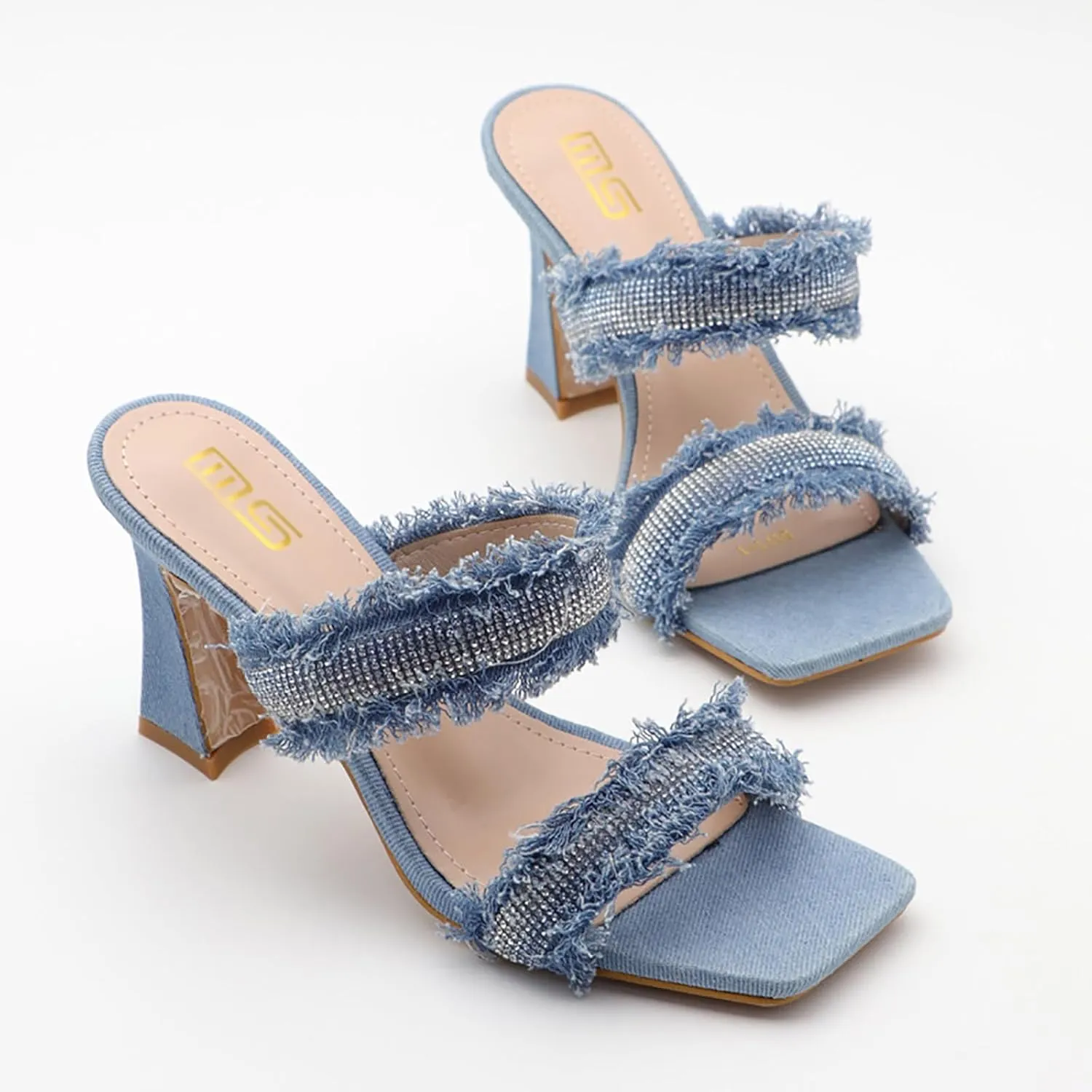 Women's Rhinestones Square Toe Two Strap High Heeled Sandals,Fashion Denim Fringe Open Toe Slip On Party Wedding Dress Pumps Summer Sexy Slingback Outdoor Slippers
