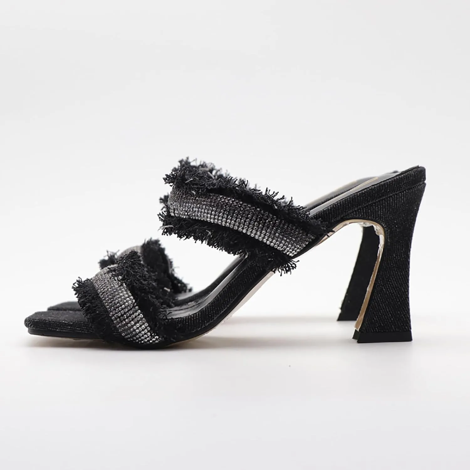 Women's Rhinestones Square Toe Two Strap High Heeled Sandals,Fashion Denim Fringe Open Toe Slip On Party Wedding Dress Pumps Summer Sexy Slingback Outdoor Slippers