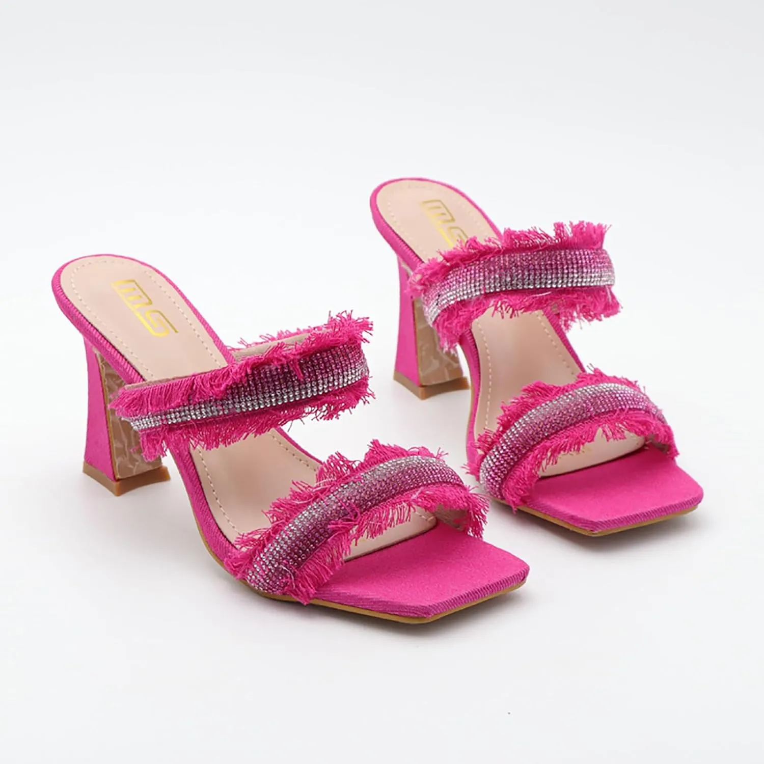 Women's Rhinestones Square Toe Two Strap High Heeled Sandals,Fashion Denim Fringe Open Toe Slip On Party Wedding Dress Pumps Summer Sexy Slingback Outdoor Slippers